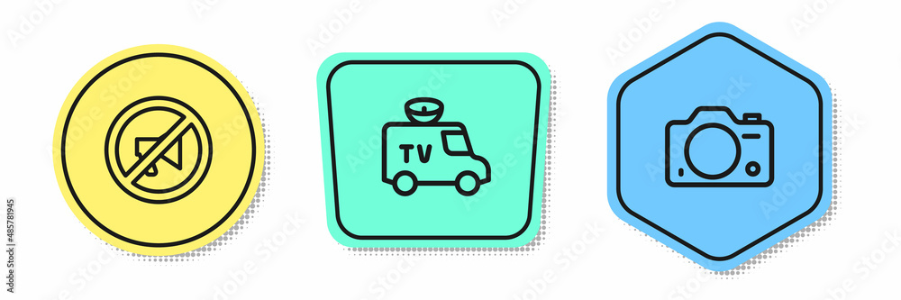 Set line Censored stamp, TV News car and Photo camera. Colored shapes. Vector