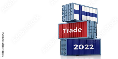 Trading 2022. Freight container with Finland national flag. 3D Rendering © Marius Faust