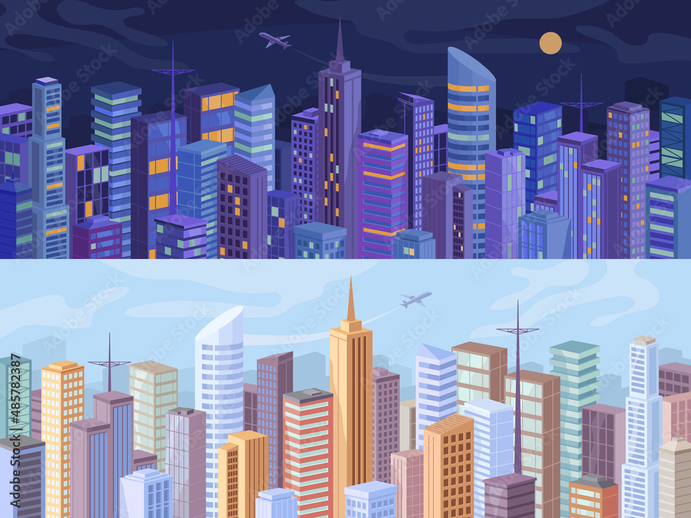 Skyline of downtown of city or town, buildings exterior and architecture of modern cityscape. Vector skyscrapers and apartments, business district of metropolis at day and night. Flat cartoon