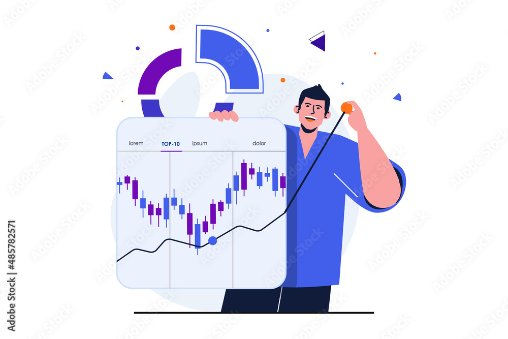 Fototapeta premium Stock market modern flat concept for web banner design. Male broker analyzes financial statistics of market, buys or sells, increases income, trading. Vector illustration with isolated people scene