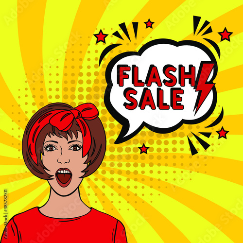 Comic book explosion with text Flash sale, vector illustration. Flash sale banner pop art. One day, special offer, clearance. Sale banner template design, Super Sale, end of season special