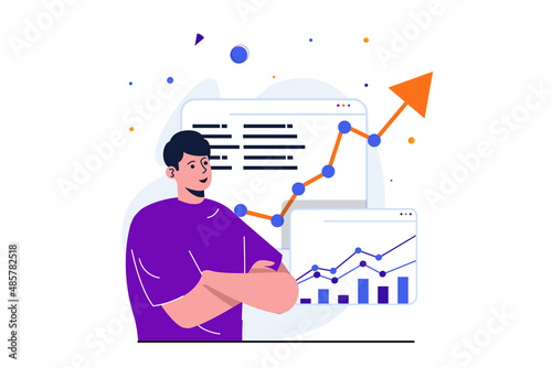 Stock market modern flat concept for web banner design. Man invests money and analyzes growth of trend and financial statistics, makes profitable deals. Vector illustration with isolated people scene