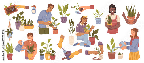 Men and women watering houseplants, caring and spraying leaves icons set. Vector flat cartoon characters hobby, plants in pots with lush foliage, leafage. Gardening and environmental botany planting