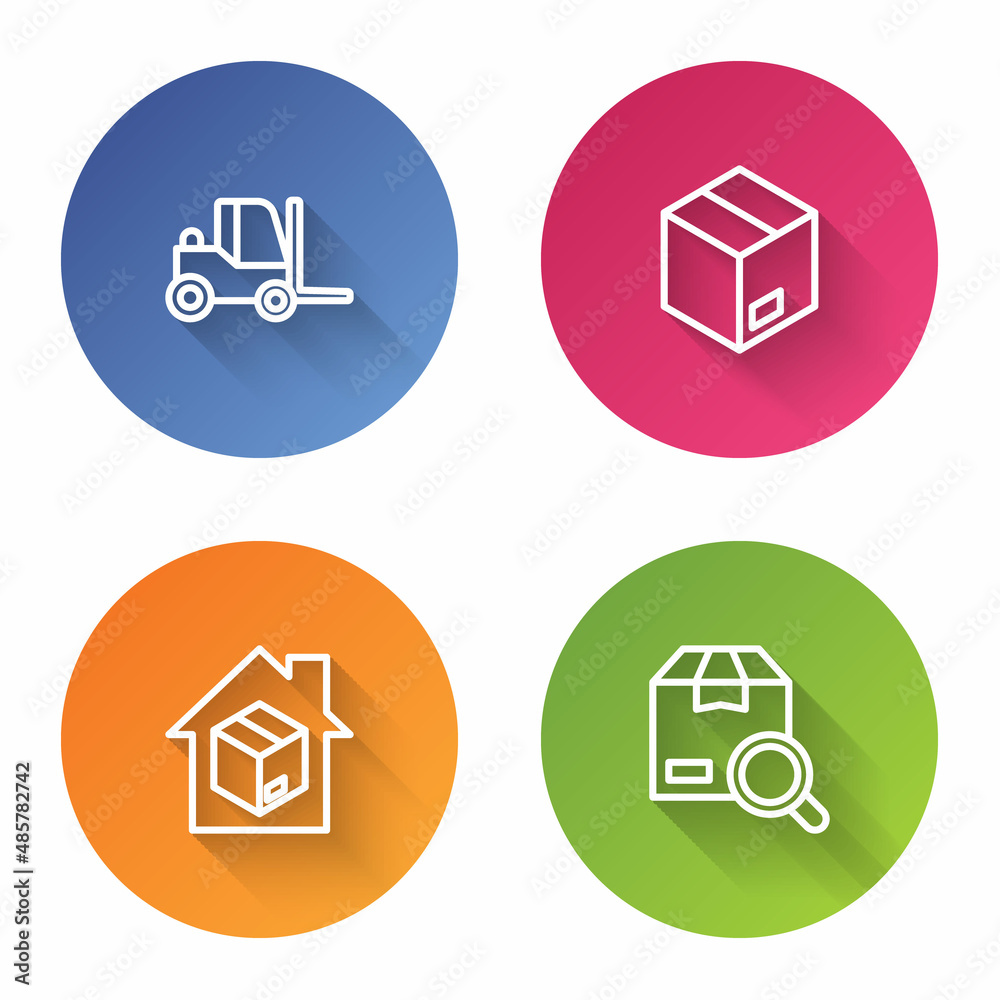 Set line Forklift truck, Carton cardboard box, Home delivery services and Search package. Color circle button. Vector Set line Forklift truck, Carton cardboard box, Home delivery services and Search package. Color circle button. Vector