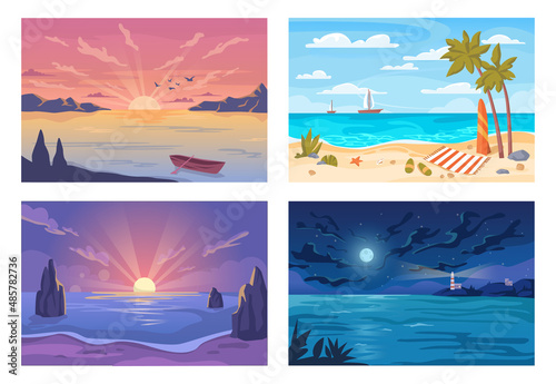 Beach seashore with palms and sailing ships on water. Vector sunrise, morning and day, night and evening. Ocean with waves, moon and beacon. Romantic landscapes of tropical nature. Flat cartoon