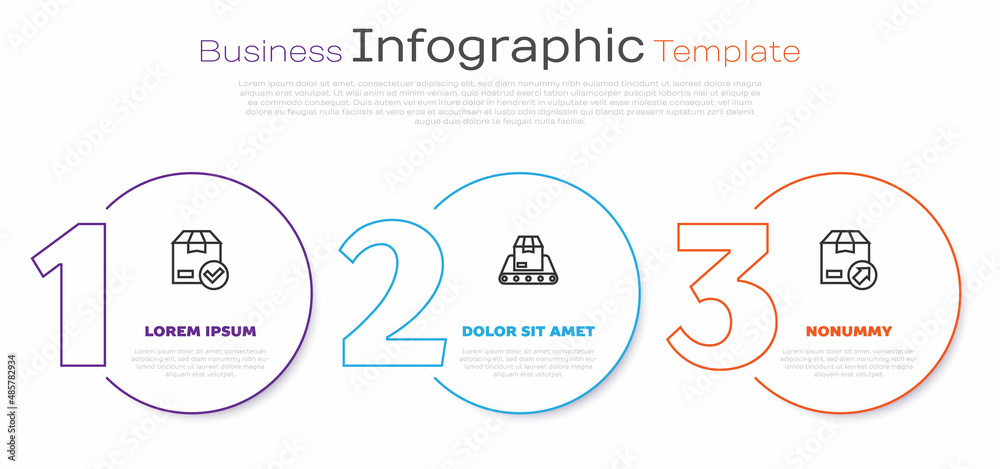 Set line ackage box with check mark, Conveyor belt and Carton cardboard. Business infographic template. Vector Set line ackage box with check mark, Conveyor belt and Carton cardboard. Business infographic template. Vector