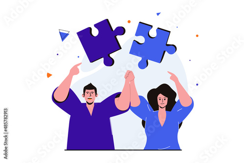 Teamwork modern flat concept for web banner design. Man and woman cooperate and work together, assemble puzzle and pass challenge, work flow in office. Vector illustration with isolated people scene