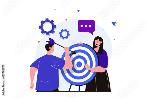 Teamwork modern flat concept for web banner design. Man hits target with arrow, woman supports and helps colleague. Employees achieve goals together. Vector illustration with isolated people scene