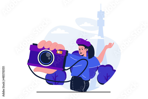 Traveling modern flat concept for web banner design. Woman traveler making selfie on camera posing at Eiffel tower in Paris, sightseeing in travel. Vector illustration with isolated people scene