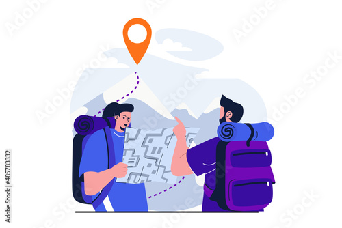 Traveling modern flat concept for web banner design. Woman tourist looks at map with trekking route, man backpacker points to mountain top and hiking. Vector illustration with isolated people scene