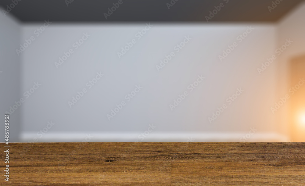 Elegant office interior. Mixed media. 3D rendering.. Sunset. Background with empty table. Flooring.