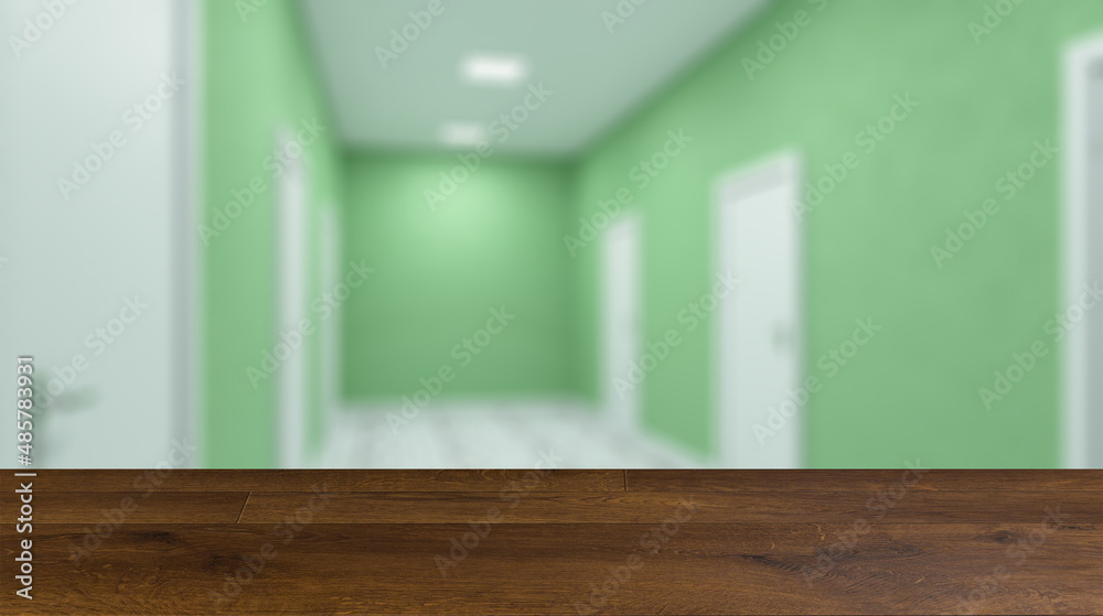The Corridor in office building. 3D rendering. Background with empty table. Flooring.