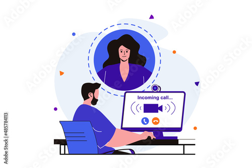 Video chatting modern flat concept for web banner design. Man answers incoming call using computer for video conference with woman. Online communication. Vector illustration with isolated people scene