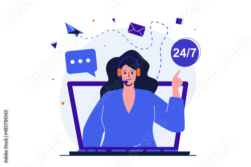 Virtual assistant modern flat concept for web banner design. Woman in headset answers emails and helps solve problems around clock. Client support. Vector illustration with isolated people scene