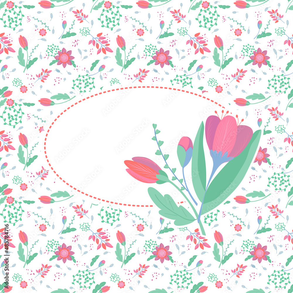 A romantic square postcard with a delicate floral ornament, a vignette and a bunch of cute flowers in the foreground.
