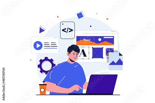 Web designer modern flat concept for web banner design. Man working with website layout, places images and other graphic elements, optimized page code. Vector illustration with isolated people scene
