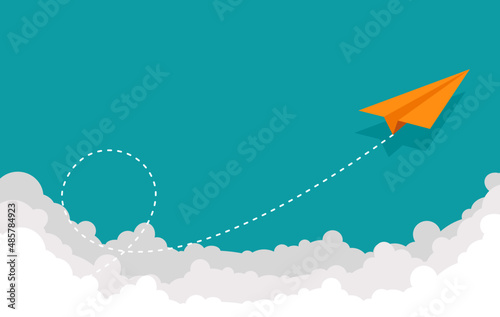 One Orange paper plane fly in the sky. Vector illustration flat design for poster, banner, presentation, and background.