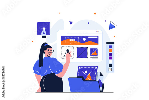 Web designer modern flat concept for web banner design. Woman creates and optimizes layout using images, places blocks on site, works with drawing tools. Vector illustration with isolated people scene
