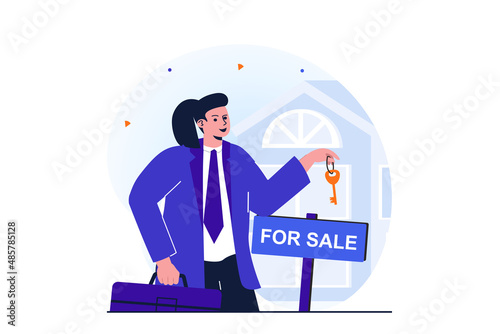 Women working modern flat concept for web banner design. Woman works as realtor in real estate agency. Agent holds key and standing near house for sale. Vector illustration with isolated people scene
