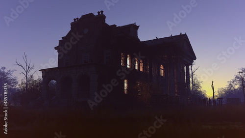 Creepy illuminated abandoned historic country house at sunset. 3D render.