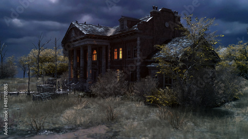 Abandoned eerie manor with illuminated windows under a dark cloudy sky. 3D render. © ysbrandcosijn