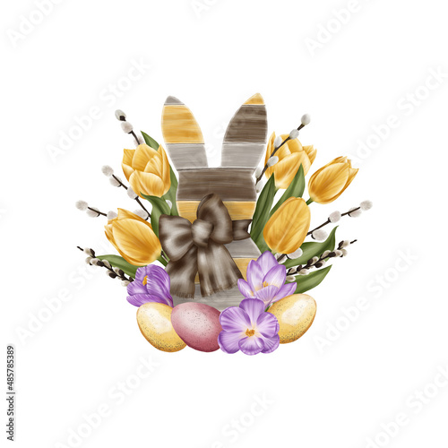 Easter bunny figurine with eggs and yellow tulips