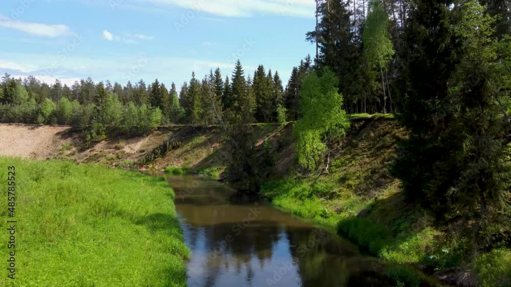 Aerial drone video of small curvy clear river with high shores in the wild Aerial drone video of small curvy clear river with high shores in the wild