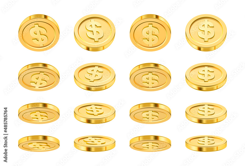 Dollar coin different position for animation, realistic golden money. Vector interface of financial assets, side and back, front look and perspective. Treasure and earnings, savings and assets - obrazy, fototapety, plakaty 