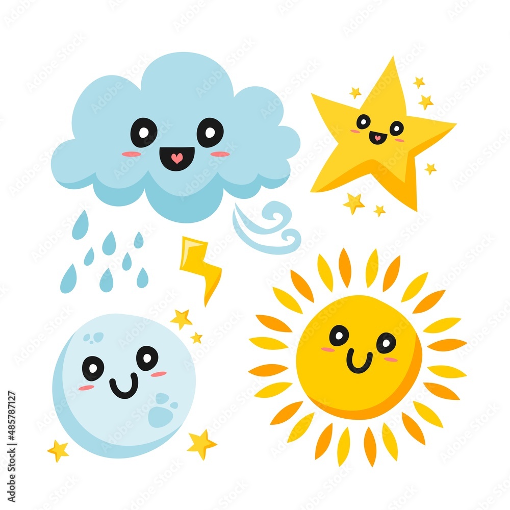 cute illustration of sun, moon, star, cloud and moon. vector set with cartoon style.