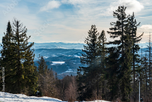 View from Velka Cantoryje hill in winter Slezske Beskydy mountains
