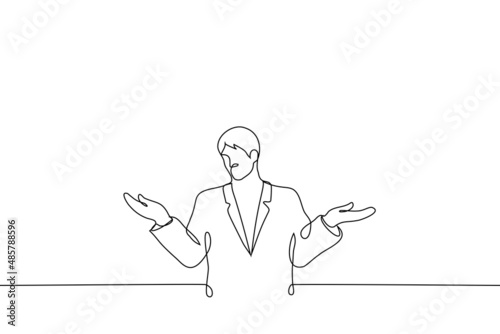 man stands spreading his arms to the sides - one line drawing vector. concept of embarrassment, indecision, failure and uncertainty