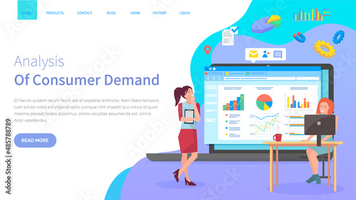Analysis of consumer demand website concept. Workers discuss statistical indicators, analyze sales charts and graphs, make plan to attract customers. Webpage template, landing page in flat style