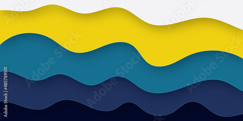 Abstract smooth pastel multi color papercut background with waves. Blue white and yellow multi color multi layer curve and wavy 3d papercut background with shadow.