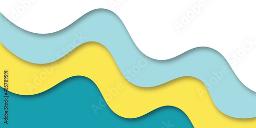 Abstract smooth pastel multi color papercut background with waves. Blue white and yellow multi color multi layer curve and wavy 3d papercut background with shadow.