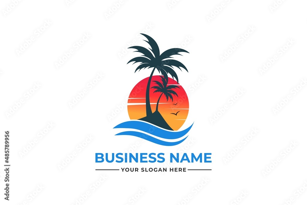 palm tree logo. sea beach logo design. nature logo design. sea logo design with a plum tree. coconut tree with sea logo	