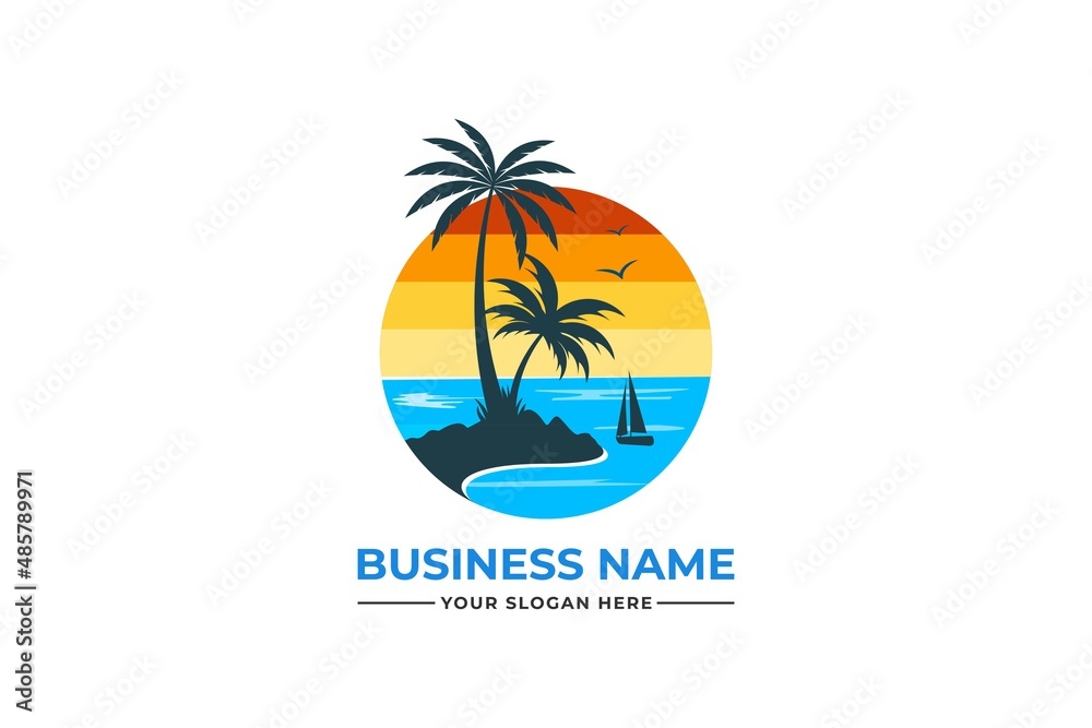 palm tree logo. sea beach logo design. nature logo design. sea logo design with a plum tree. coconut tree with sea logo	