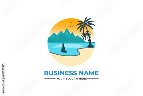 palm tree logo. sea beach logo design. nature logo design. sea logo design with a plum tree. coconut tree with sea logo	