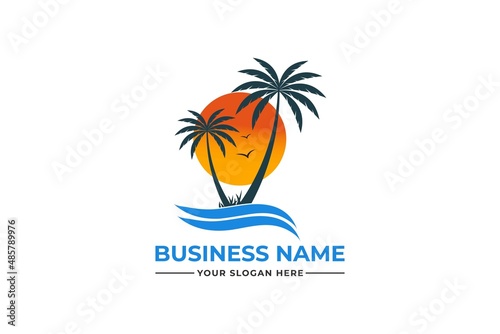 palm tree logo. sea beach logo design. nature logo design. sea logo design with a plum tree. coconut tree with sea logo	