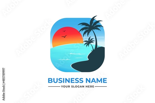 palm tree logo. sea beach logo design. nature logo design. sea logo design with a plum tree. coconut tree with sea logo	