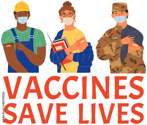 Stop coronavirus agitation concept. Vaccination promo, immunization of workers. Vaccine saves lives. People wearing protective mask showing their arm with bandage after receiving covid-19 vaccine