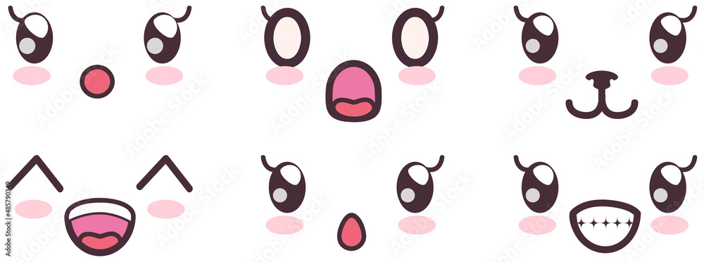 Kawaii cute faces on colorful backgrounds set. Manga style eyes and mouths. Funny cartoon japanese emotion in different face expressions. Anime characters and emotions. Eastern kawaii culture design Kawaii cute faces on colorful backgrounds set. Manga style eyes and mouths. Funny cartoon japanese emotion in different face expressions. Anime characters and emotions. Eastern kawaii culture design