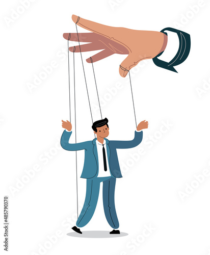 Businessman marionette on ropes controlled hand. Business metaphor vector illustration