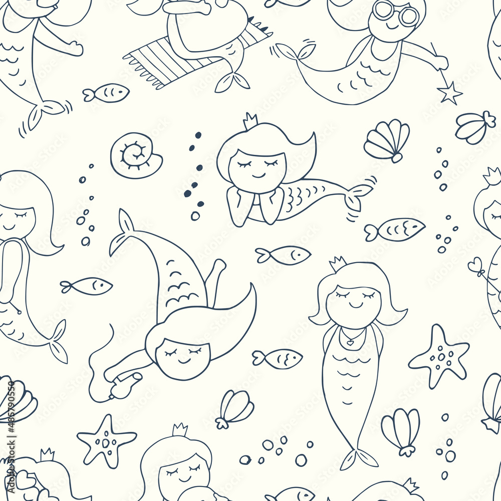 Seamless background with cute little mermaids. Coloring. Line drawn. Seamless background with cute little mermaids. Coloring. Line drawn.
