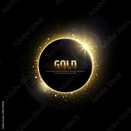 Gold circle of shiny particles on a black background. Invitation vector background. Shining gold frame, place for text. Round border, frame. Card party Invitation. Lens flare effect on dark