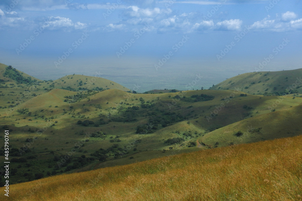 High angle view of mountains and valley at Chyulu Hills, Chyulu National Park, Kenya