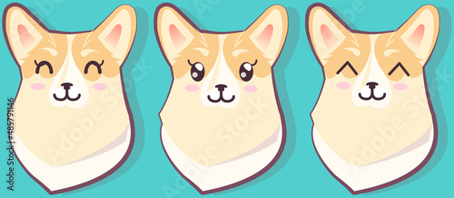Pembroke welsh corgi. Kawaii breed corgi stickers set, funny little dog, cute face and red wool front view. Friendly puppy character. Hand drawn trendy modern illustration in flat cartoon style