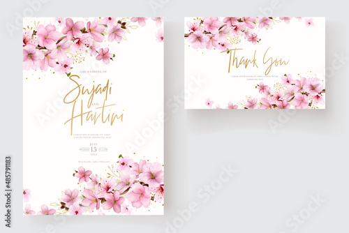 watercolor cherry blossom wedding invitation card template