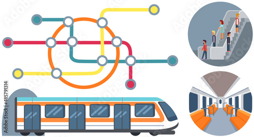 Set with moving staircase, navigation, passenger seats, turnstile for website infographics. Trains of subway, high speed public transport metro. Fictional metro map, underground station line diagram