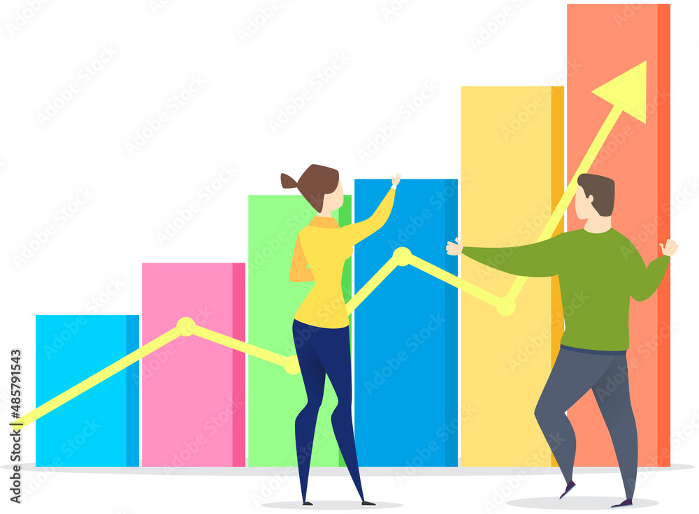 People looking at bar chart. Data analysis, business statistics information concept. Colleagues working with statistical reports, financial indicators. Employees discuss growth of profit graph People looking at bar chart. Data analysis, business statistics information concept. Colleagues working with statistical reports, financial indicators. Employees discuss growth of profit graph