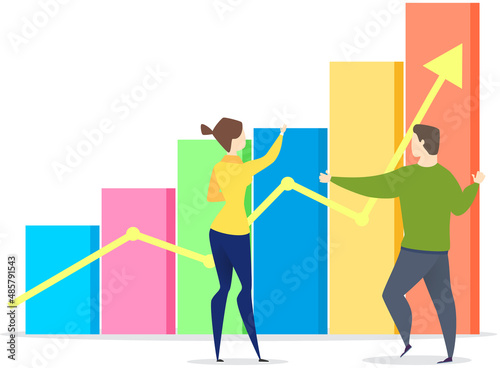 People looking at bar chart. Data analysis, business statistics information concept. Colleagues working with statistical reports, financial indicators. Employees discuss growth of profit graph